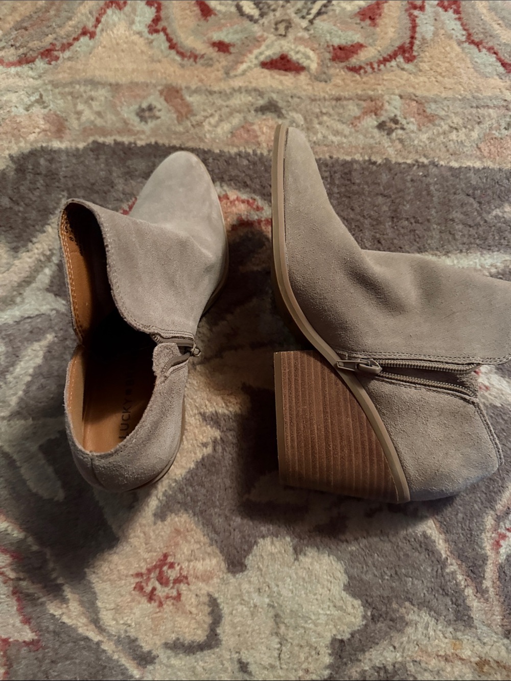 Lucky Brand Taupe Suede Ankle Booties with Stacked Heel
